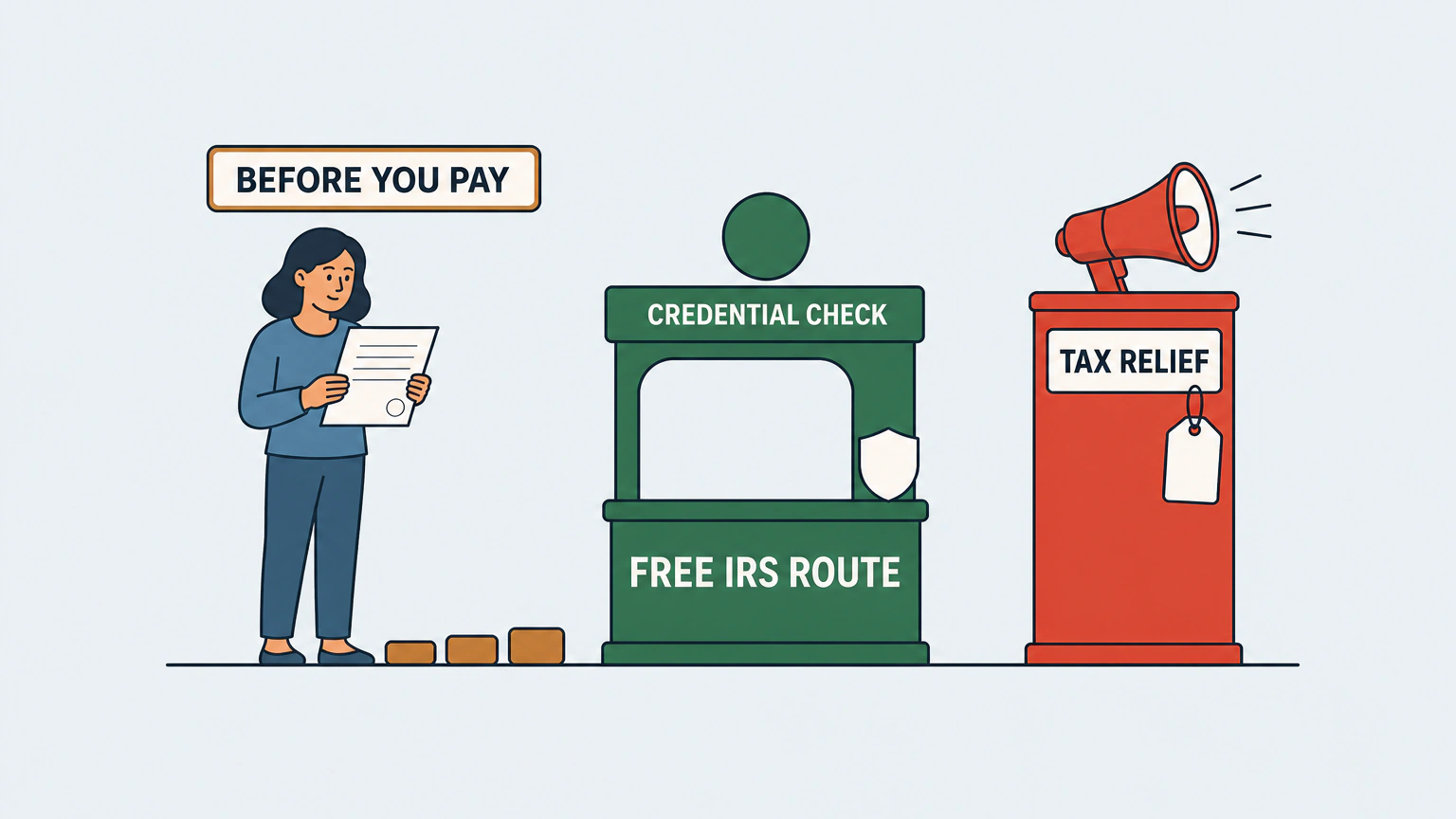 Flat vector illustration of a calm woman holding an unmarked letter under a sign reading BEFORE YOU PAY. To her right, a low green service counter labeled CREDENTIAL CHECK and FREE IRS ROUTE carries a small shield, and a taller red sales kiosk labeled TAX RELIEF is topped by a megaphone with a blank price tag hanging from it.
