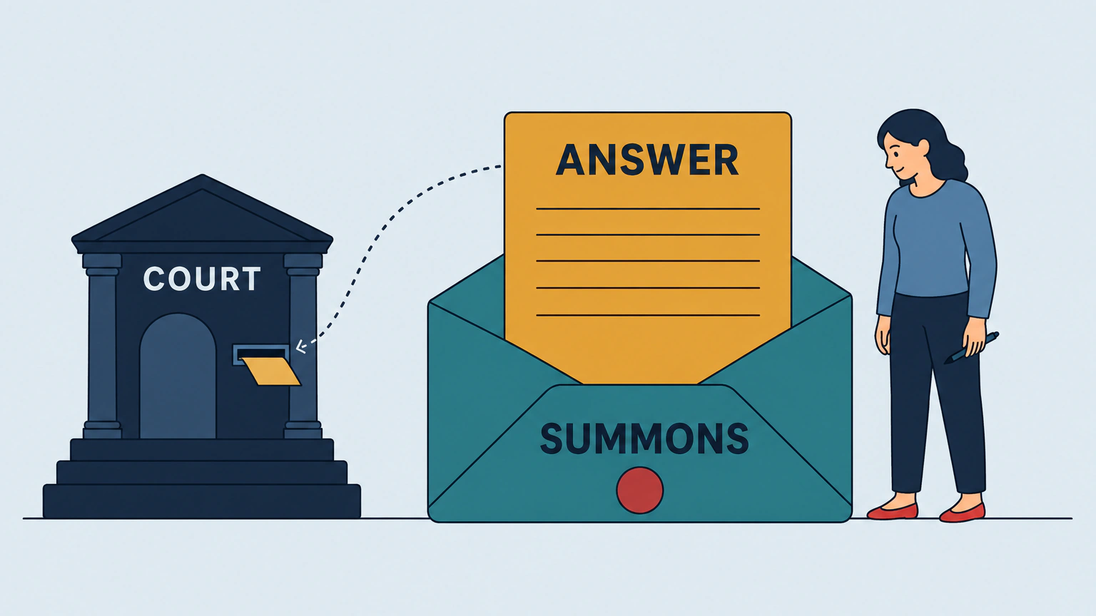 A large teal envelope labeled SUMMONS lies open with an ochre sheet labeled ANSWER rising out of it, a dotted line arcing across to the drop slot of a dark navy building labeled COURT, and a woman standing to the right holding a pen.