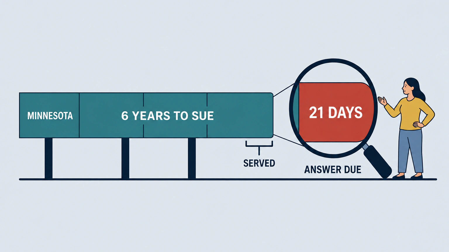 A long bar marked six years, the period Minnesota law gives a creditor to sue on a contract, with a magnifying lens enlarging its final sliver to show the 21 days Minnesota gives the person served to answer. Other states set different periods, and eleven of them are compared in the article's own table.