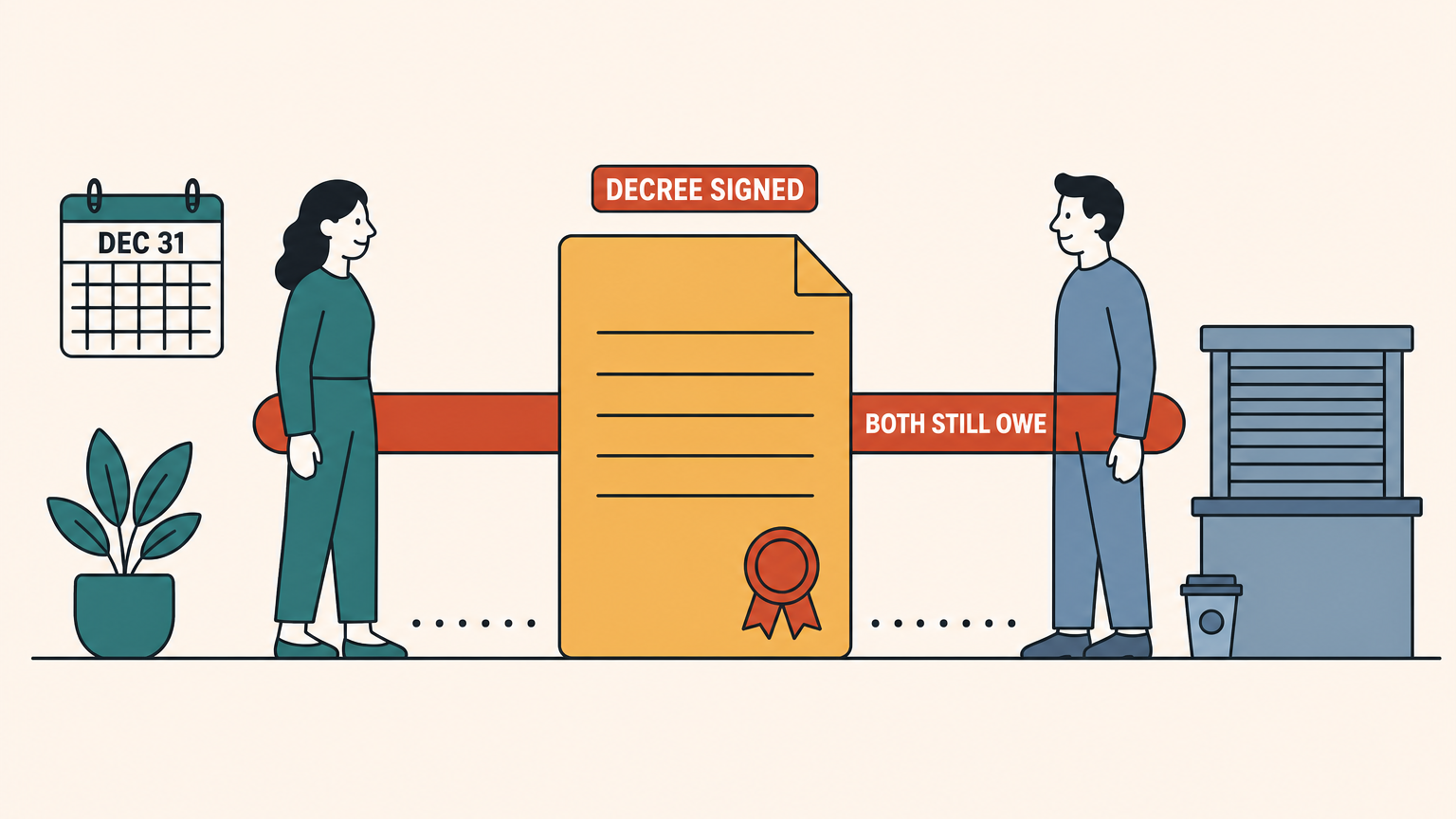 Flat illustration of a woman and a man standing apart on either side of a tall sealed document, with one unbroken band running behind the document and joining them, a closed service counter behind them, and a blank wall calendar hanging beside the woman.
