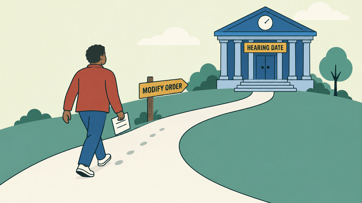 A parent in a red jacket walks up a winding path toward a courthouse with a HEARING DATE banner, passing a signpost that reads MODIFY ORDER.