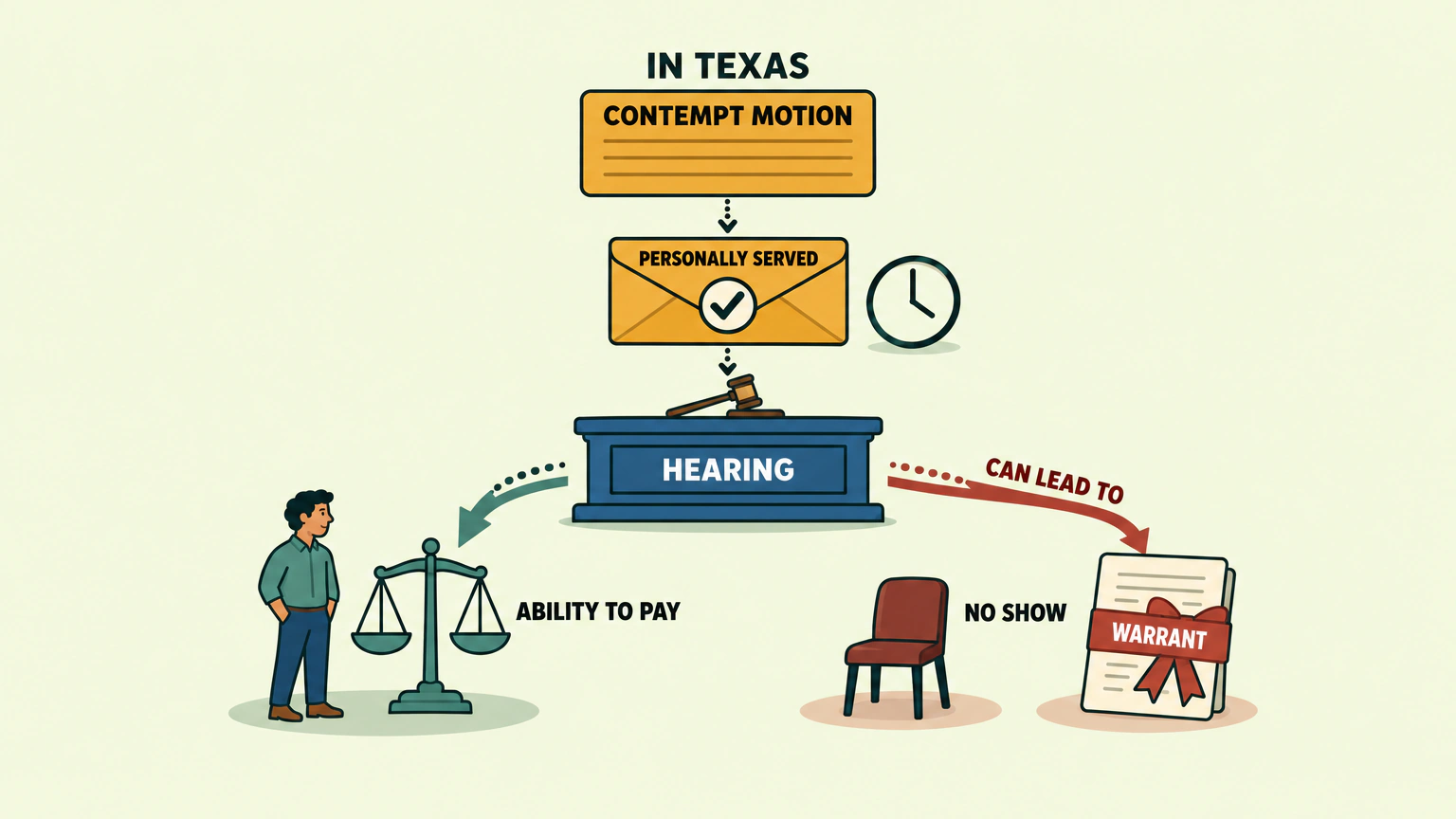 In Texas, a contempt motion is personally served and a hearing is set. A parent who shows up faces the ability-to-pay question, while missing the hearing can lead to a warrant.