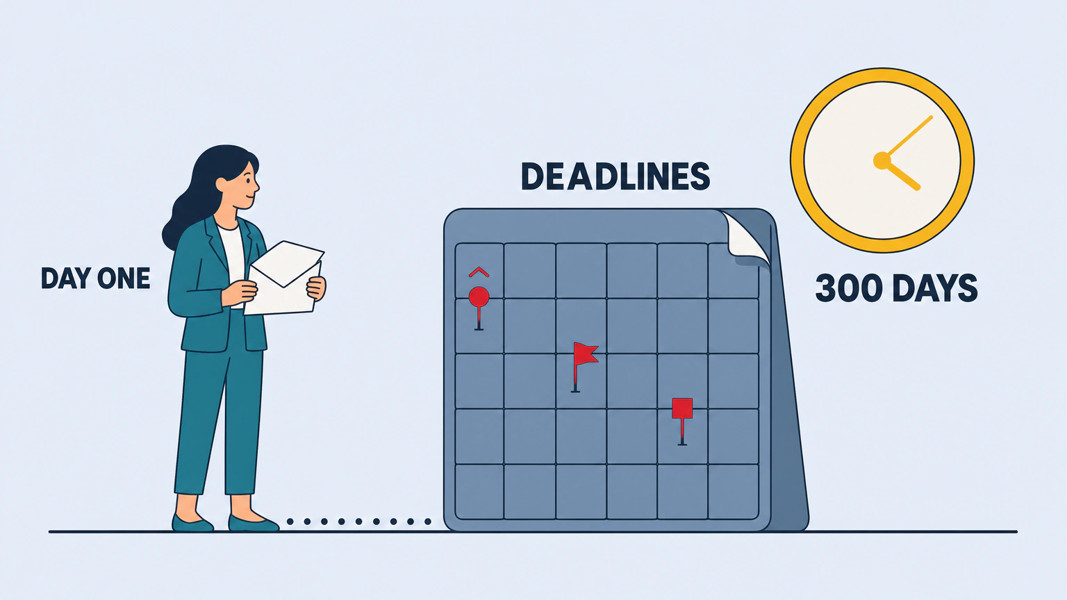 Flat vector illustration of a woman holding an open envelope, facing a tall calendar block whose empty grid holds three differently shaped pins, with a blank wall clock above it, labeled DAY ONE, DEADLINES and 300 DAYS.