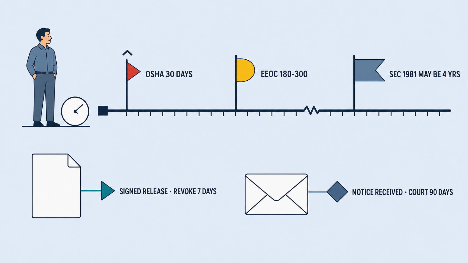 Flat vector illustration of one horizontal timeline starting at a block marked DAY ONE, with four flags at increasing distances labeled REVOKE 7 DAYS, OSHA 30 DAYS, EEOC 180-300 and SEC 1981 4 YRS, and a short branch dropping from the EEOC flag to a diamond labeled COURT 90 DAYS.