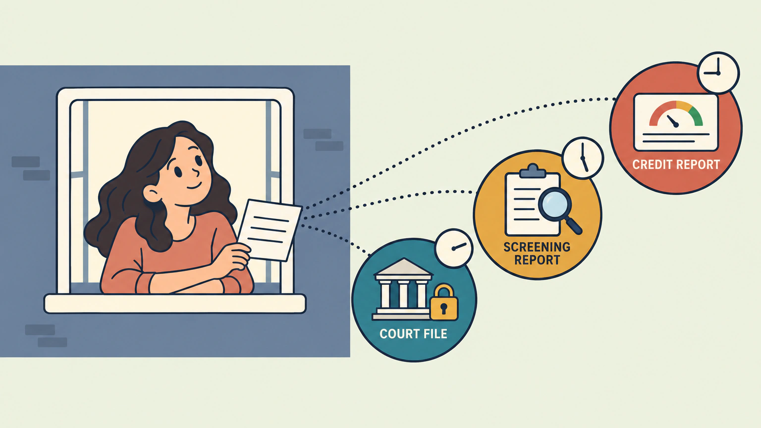 Flat illustration of a woman leaning on an apartment window sill holding a letter, with dotted lines linking it to three floating bubbles labeled COURT FILE, SCREENING REPORT and CREDIT REPORT. A small clock sits on the rim of each bubble, and the hands on the three clocks point to different positions.