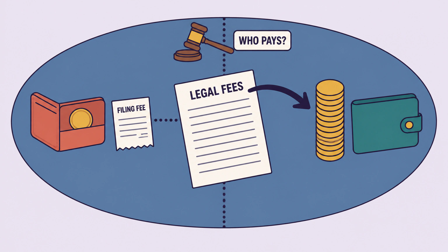 Overhead view of a table split down the middle: a thin wallet and a filing-fee receipt on one side, a tall stack of coins and a thick wallet on the other, a legal-fees bill being pushed toward the side with more money, and a gavel beside a tag asking who pays.
