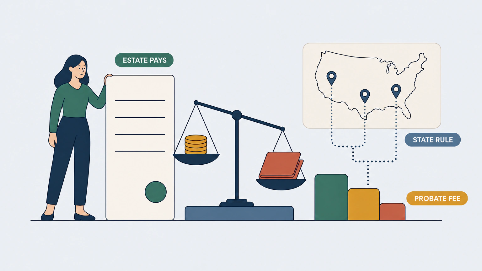 Flat vector illustration of a woman standing beside a large blank estate document labeled ESTATE PAYS, next to a balance scale weighing a stack of coins against a closed file, with a US map panel labeled STATE RULE connected by dotted lines to three descending step blocks labeled PROBATE FEE.