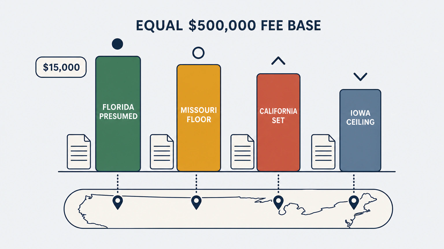 Flat vector bar chart headed $500K FEE BASE showing four bars of different heights labeled CALIFORNIA SET, FLORIDA PRESUMED, MISSOURI FLOOR and IOWA CEILING, with a $13,000 chip beside the California bar and four map pins below linking each bar to its state.