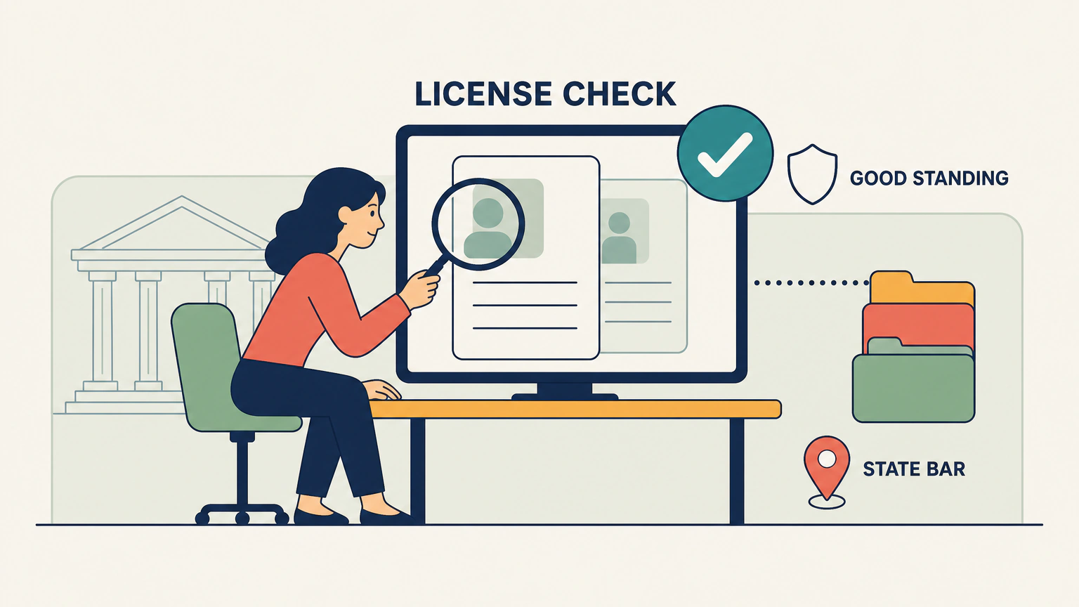 Flat vector illustration of a seated woman at a desk holding a magnifier over an attorney record card on a large screen labeled LICENSE CHECK. A teal check mark badge and a shield labeled GOOD STANDING sit at the top right, with stacked folders and a pin marker labeled STATE BAR to the side.
