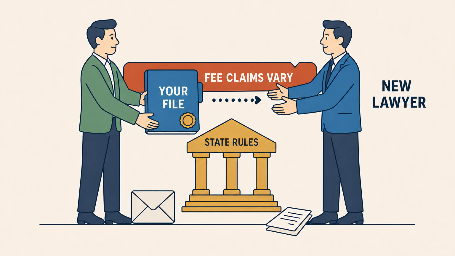 Flat vector illustration of one person handing a thick folder to a second person in front of a small courthouse, with a bar floating between them, labeled YOUR FILE, NEW LAWYER, FEE CLAIMS VARY and STATE RULES.