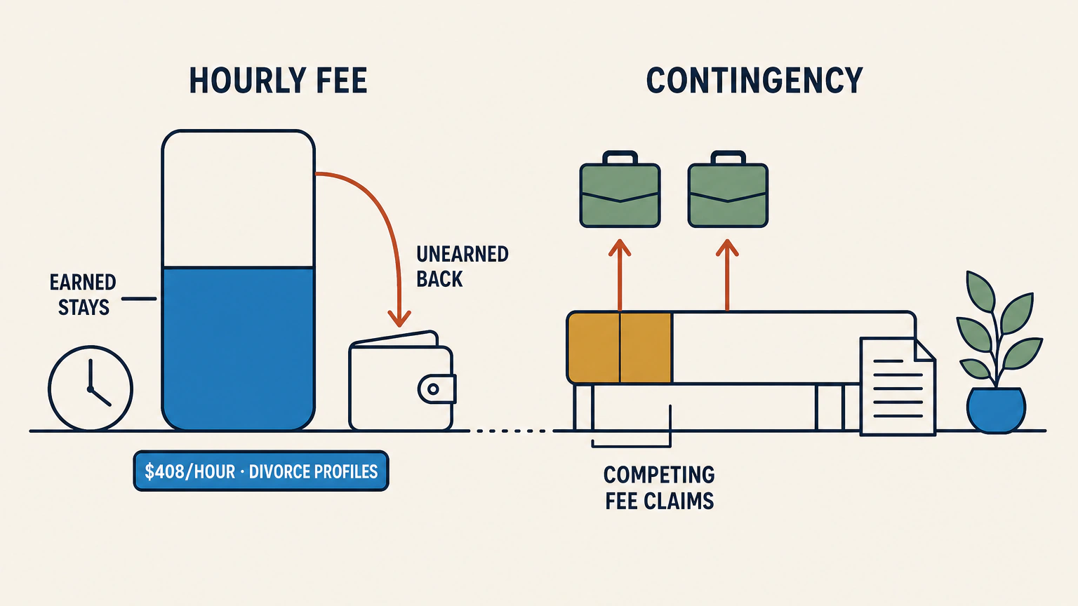 Flat vector illustration comparing possible fee paths when changing lawyers: an hourly-fee jar labeled EARNED STAYS and UNEARNED BACK beside a divorce-profile rate chip, and a contingency bar feeding two briefcases labeled COMPETING FEE CLAIMS.