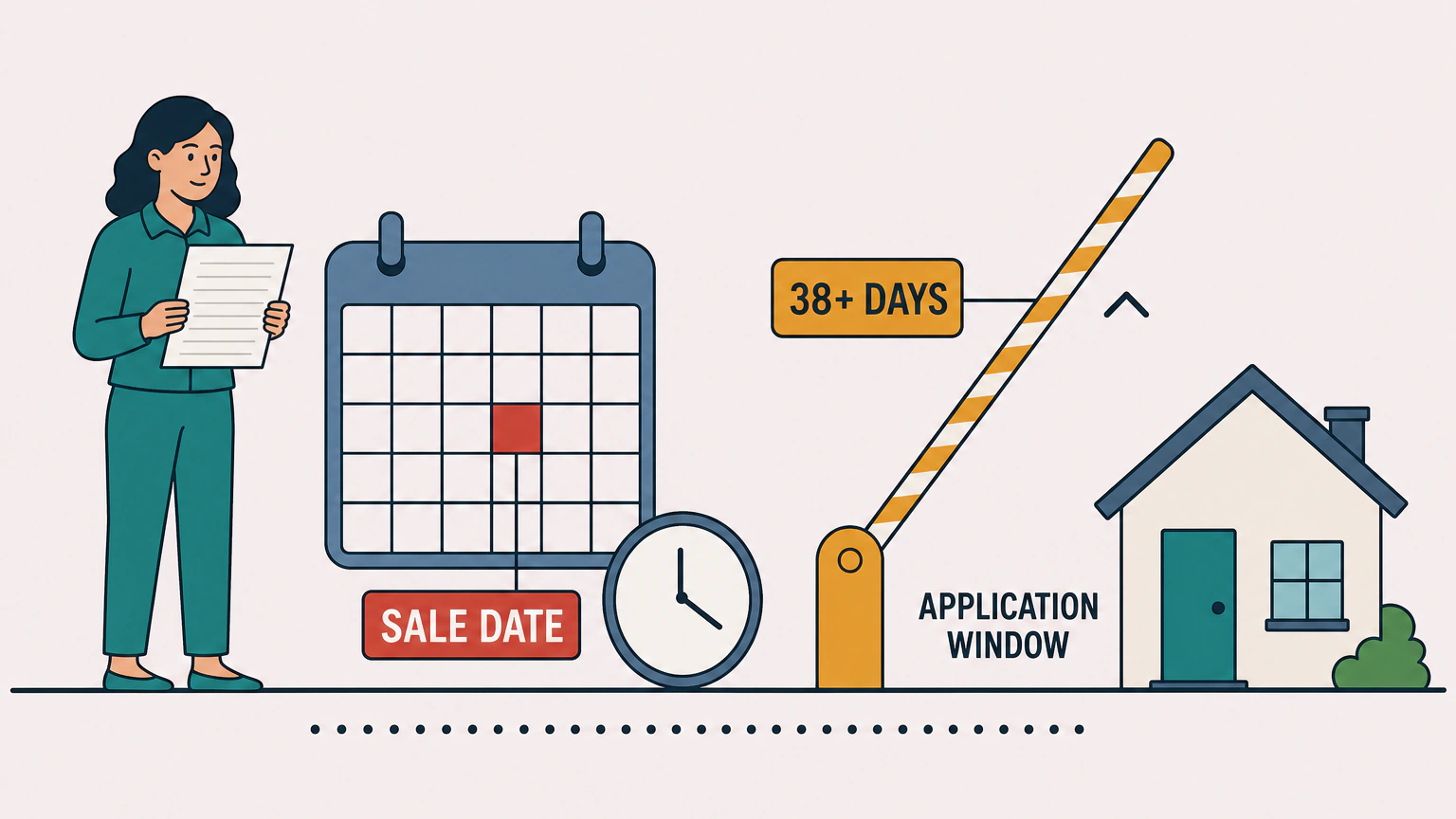 Flat illustration of a homeowner holding a document beside a large calendar with one day marked, a raised barrier arm labeled 38+ days standing open in front of a small house, with the labels SALE DATE and APPLICATION WINDOW.