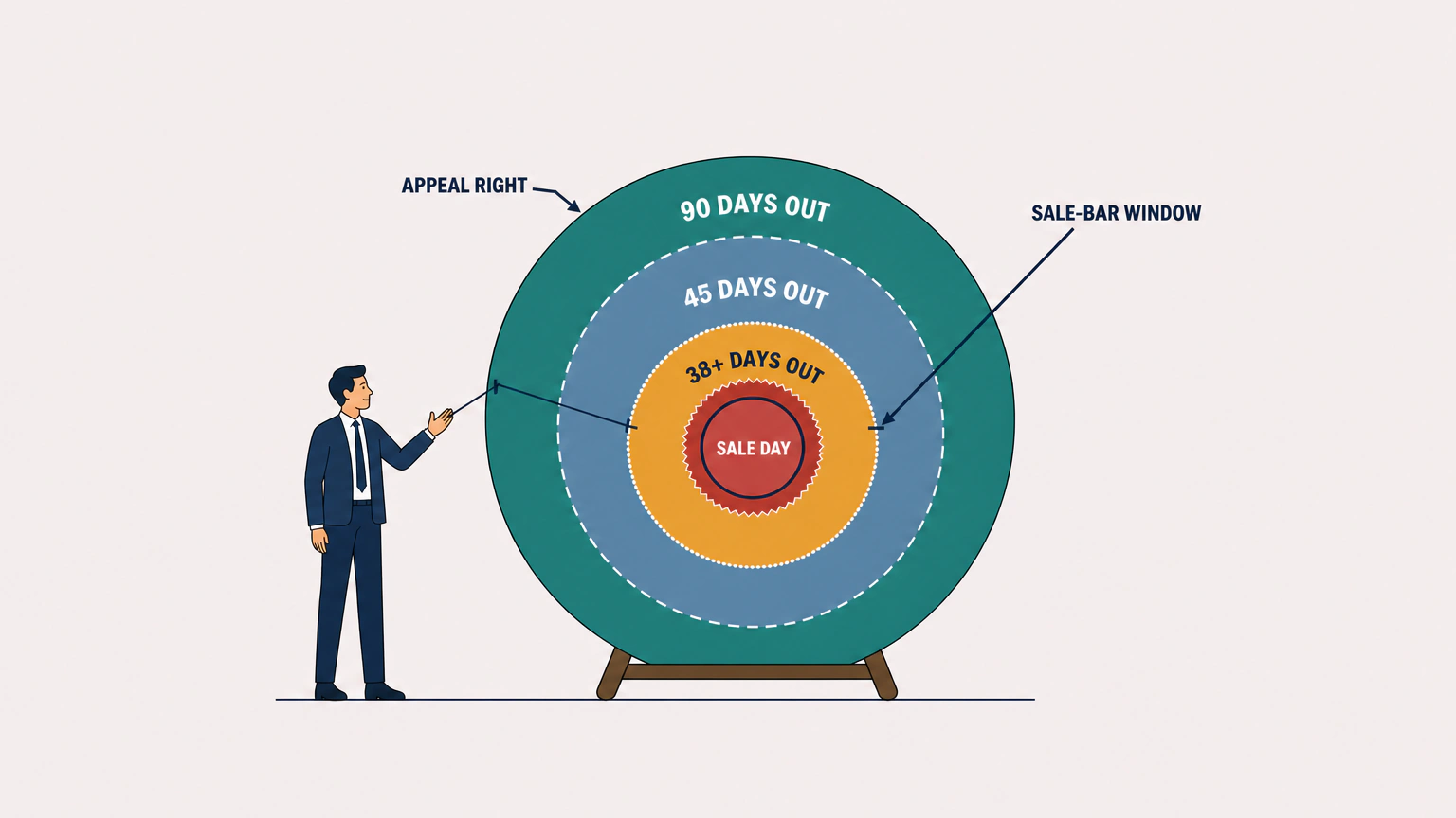 Flat illustration of a target board built from four concentric rings labeled 90 DAYS OUT, 45 DAYS OUT and 38+ DAYS OUT around a central disc labeled SALE DAY, with APPEAL RIGHT and SALE-BAR WINDOW marked outside the rings and a person pointing at the widest band.