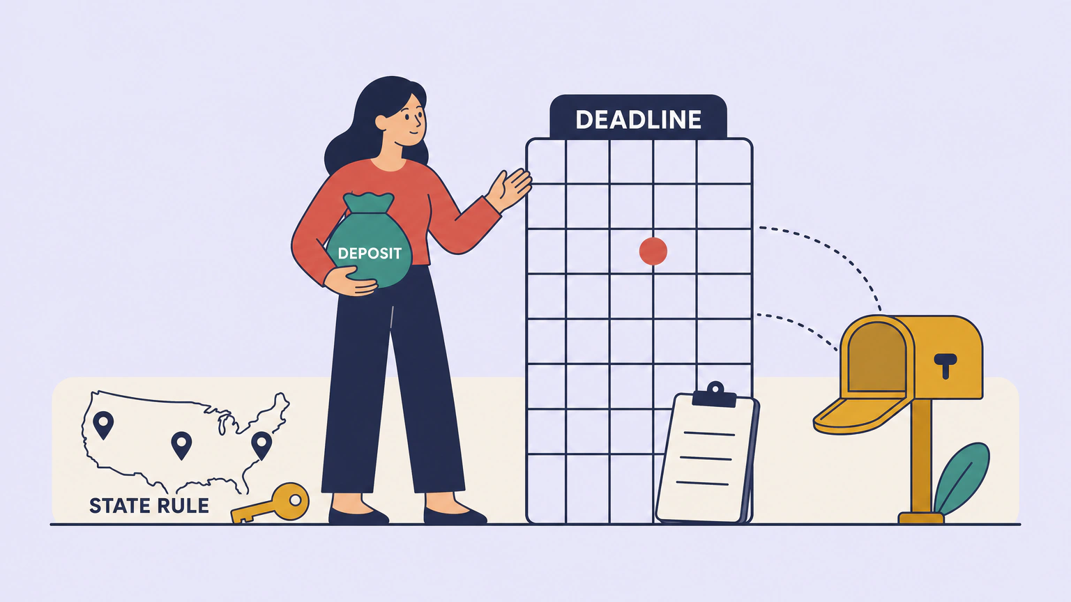 Flat illustration of a renter holding a deposit pouch and gesturing toward a large grid panel with one square marked, beside an open and empty mailbox on a short post.