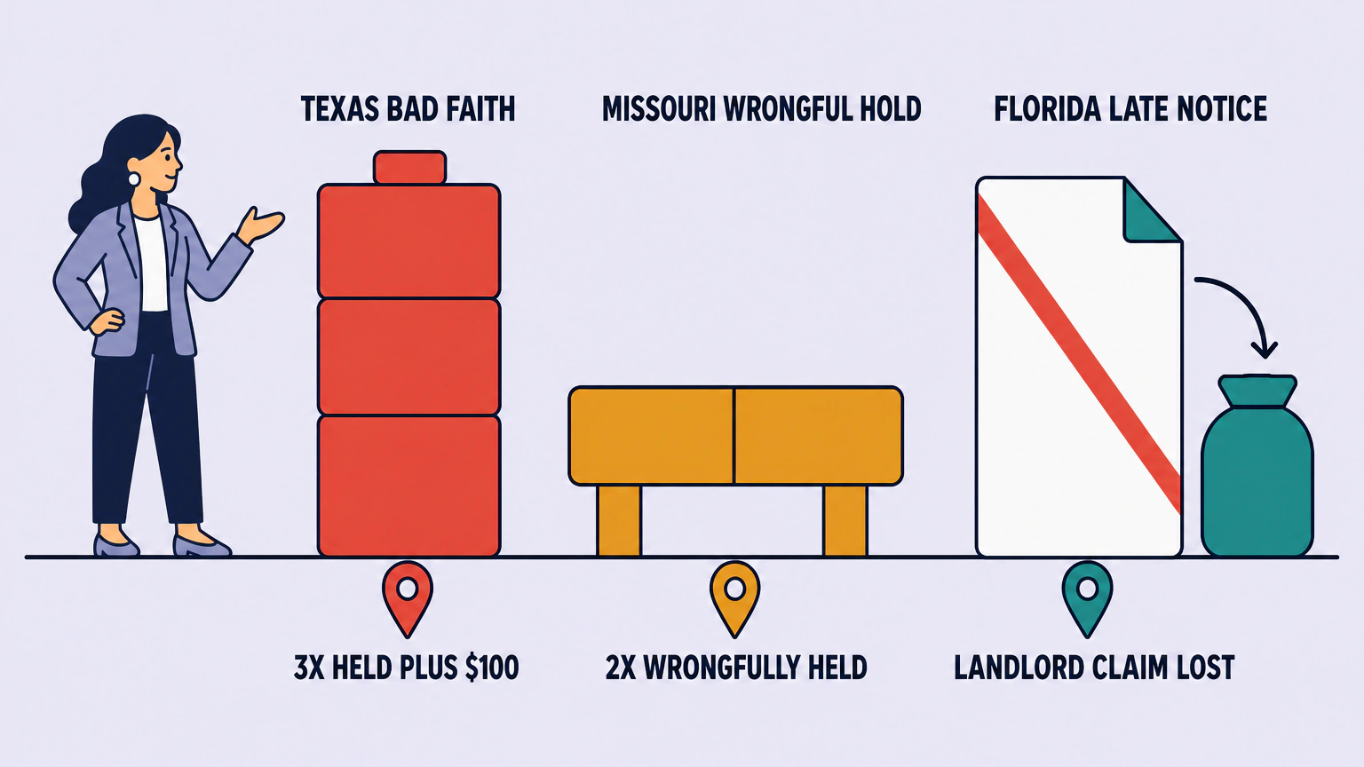 Flat illustration comparing three security-deposit remedies: Texas bad-faith retention can mean $100 plus three times the wrongfully held portion, Missouri wrongful withholding can mean twice that portion, and a late Florida notice loses the claim against the deposit.