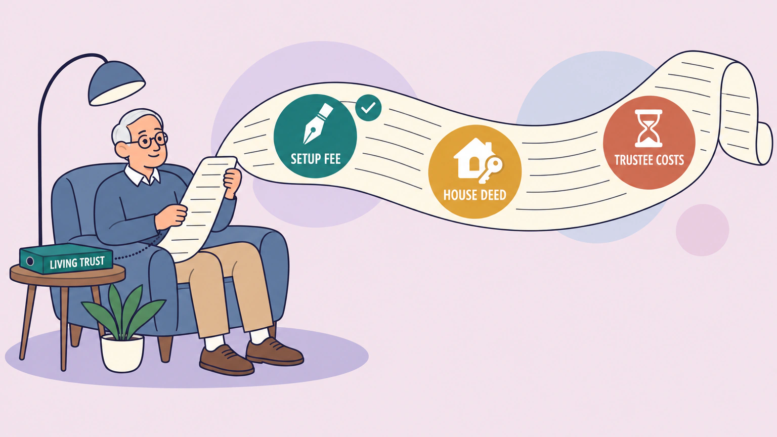 Flat illustration of a seated man holding one long blank receipt ribbon that curves across the frame, stamped with three discs reading SETUP FEE, HOUSE DEED and TRUSTEE COSTS, beside a side table holding a binder labeled LIVING TRUST.