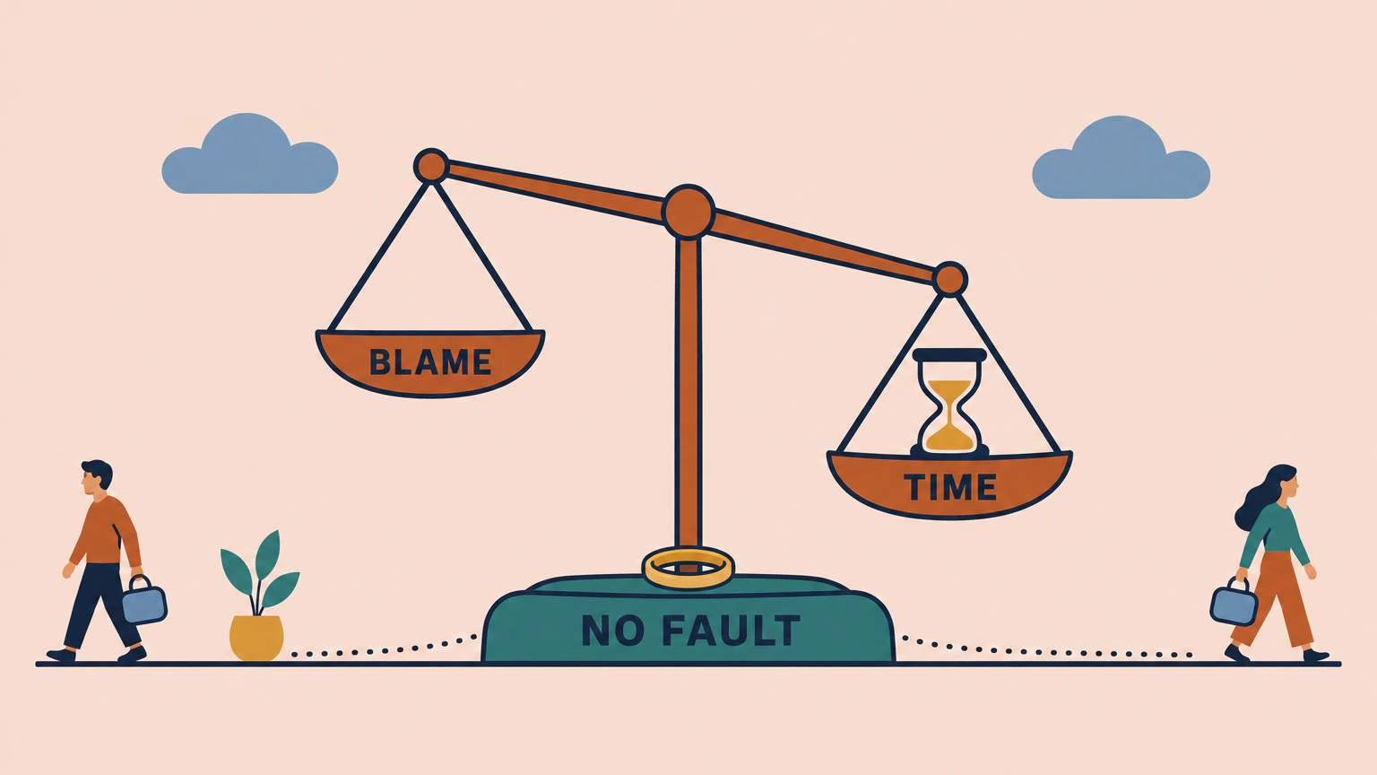 A balance scale on a plinth marked NO FAULT, with an empty pan marked BLAME raised high and a pan marked TIME weighed down by an hourglass, while two people walk away from it in opposite directions.