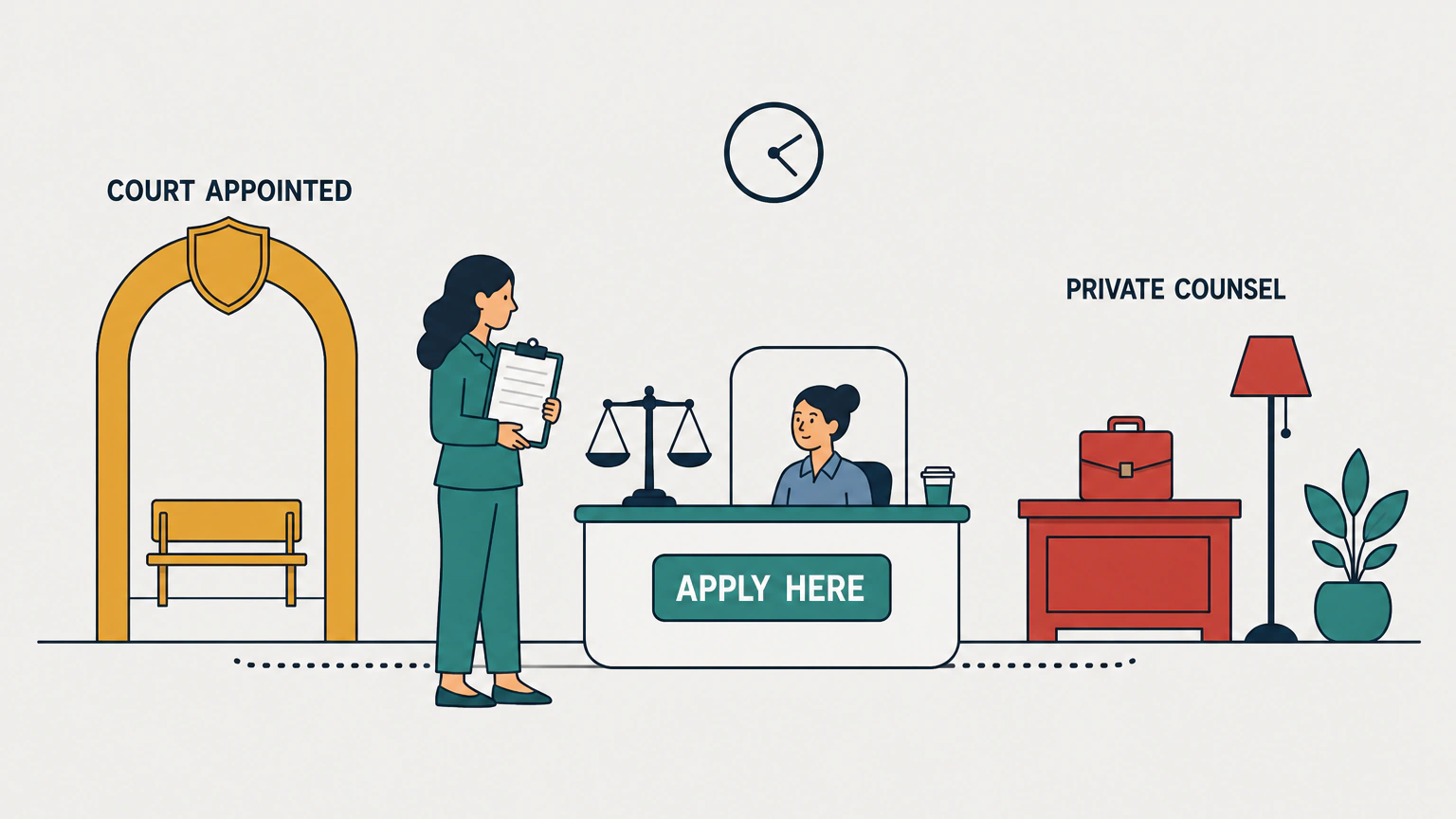 Flat vector illustration of a woman holding a blank clipboard at a courthouse counter labeled APPLY HERE, with a clerk at the service window and a balance scale on the counter. Behind it, an archway labeled COURT APPOINTED on the left and a desk with a briefcase labeled PRIVATE COUNSEL on the right.