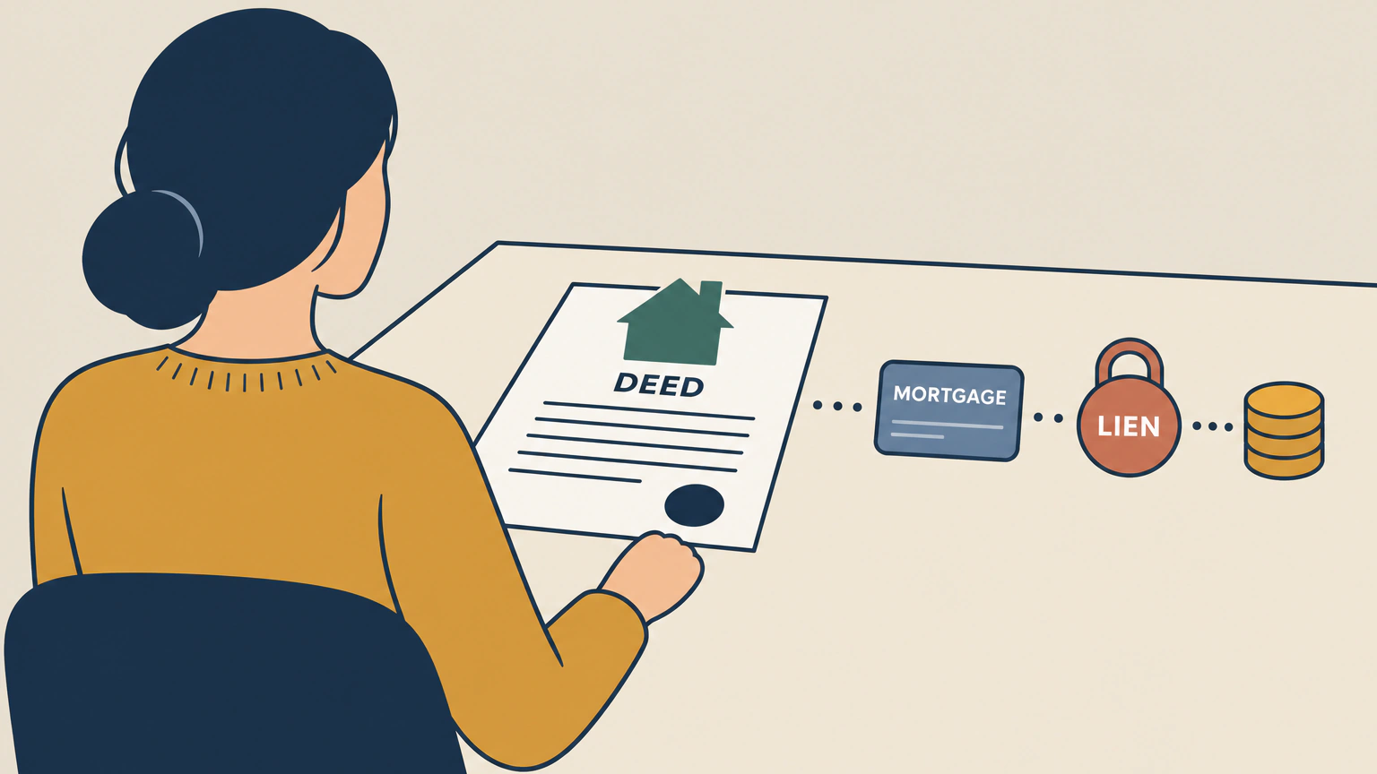 Seen from behind, a woman in a mustard sweater sits at a wide table holding a document labeled DEED with a small green house printed on it, while a blue card labeled MORTGAGE, a red padlock labeled LIEN and a short stack of gold coins sit apart further along the table, separated from the deed by dotted gaps.