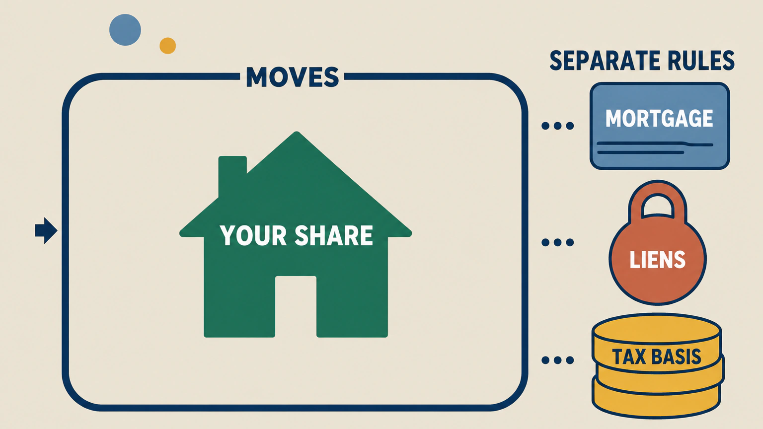 A large navy rounded frame labeled MOVES holds a green house labeled YOUR SHARE. Outside the frame, under SEPARATE RULES, a blue card labeled MORTGAGE, a red padlock labeled LIENS and a stack of gold coins labeled TAX BASIS sit behind dotted gaps.