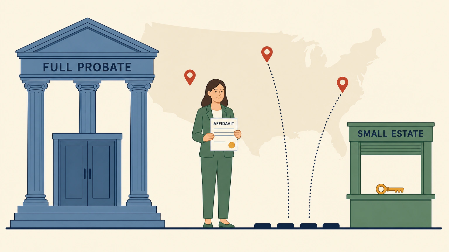 Flat vector illustration of a woman standing in the center facing forward and holding a blank sworn form labeled AFFIDAVIT. A tall closed courthouse labeled FULL PROBATE stands to her left and a low open service window labeled SMALL ESTATE stands to her right, with stepping stones leading toward the open window and a pale map panel carrying three pin markers behind her.