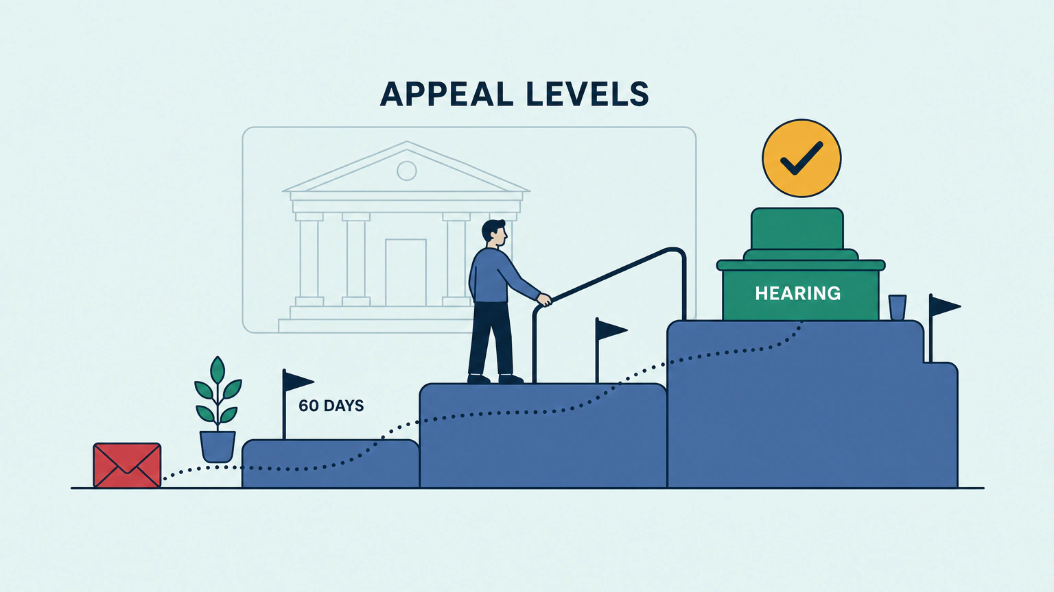 Flat vector illustration of a three-step staircase rising from left to right, with a calm adult figure climbing to the second step, one hand on a handrail, a small flag on each step, a hearing bench at the top under a large check-mark badge, and a closed envelope on the ground at the foot of the stairs, labeled APPEAL LEVELS, 60 DAYS and HEARING.