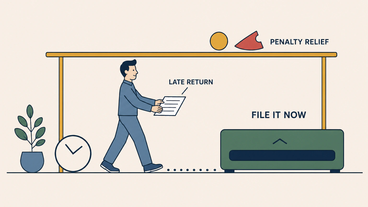 A calm man walks left to right along a single ground line, carrying a plain document sheet labeled LATE RETURN toward a wide, low receiving cabinet with an open slot across its front, marked FILE IT NOW. Above them a long shelf on two posts holds two small markers labeled PENALTY RELIEF.