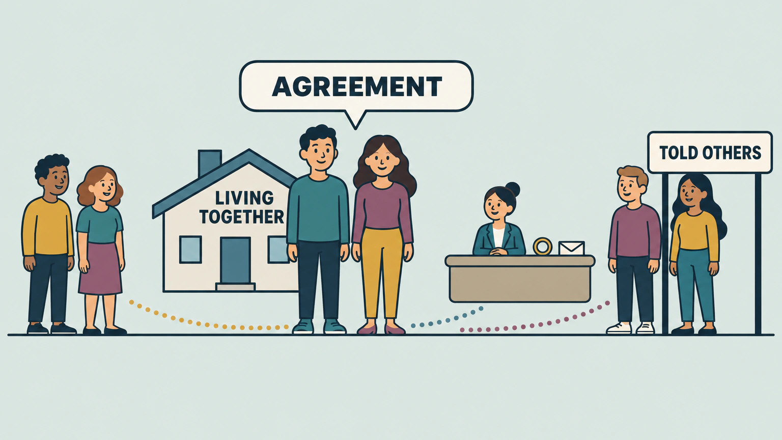 A couple stands at the center of a small crowd of neighbors, friends and a clerk at a counter. A speech bubble reads AGREEMENT, a house reads LIVING TOGETHER, and a sign board reads TOLD OTHERS. The illustration shows the three parts of the Texas common law marriage test.